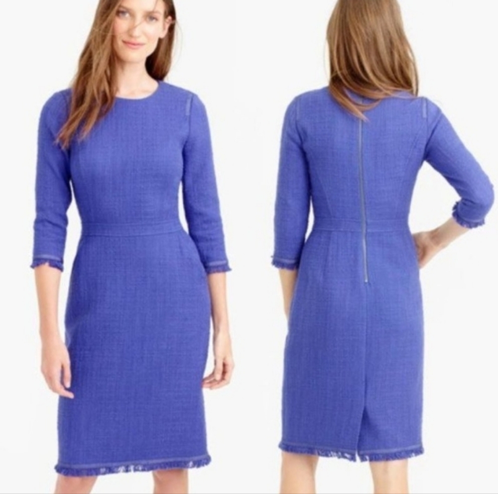 J.crew Blue Tweed 3/4 Fringe Sleeve Midi Dress; woman sz 12